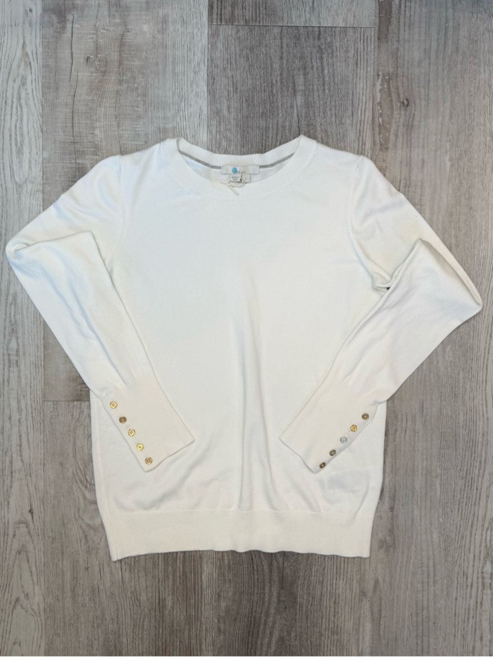 Boden White Long sleeve Crewneck Sweater Gold Button Cuffs Women’s Size S NWOT